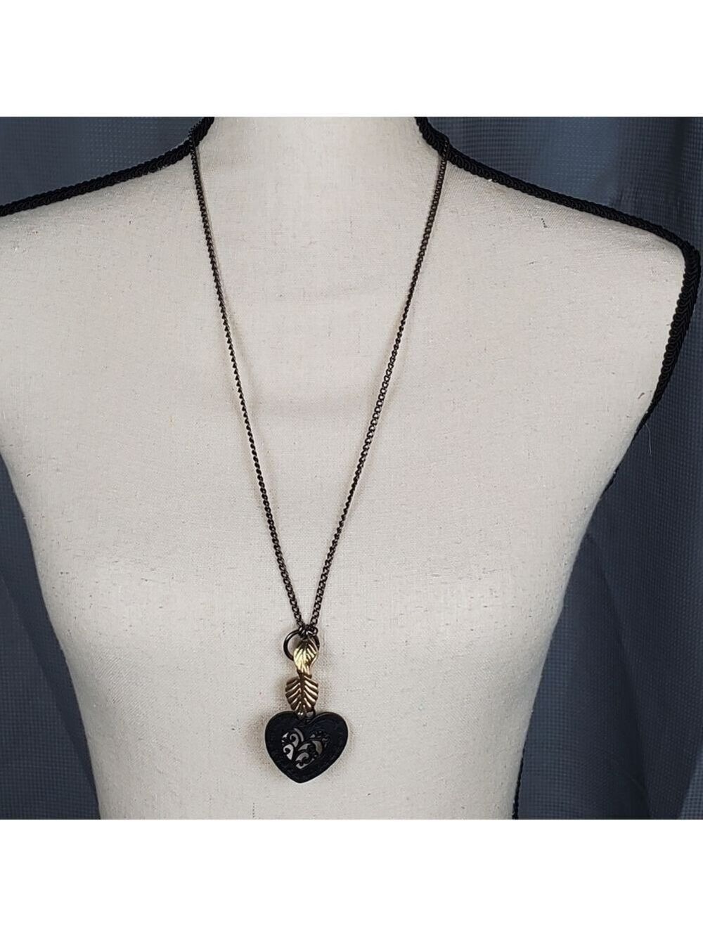 Necklace, black metal heart with two leaves